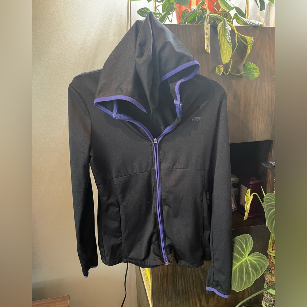 Black Warmup hoodie with purple trim